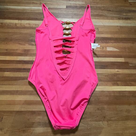 Bleu rod beattie Kore Low Neck Lace Down 1 peice swimsuit, Pink 4 - Picture 8 of 9
